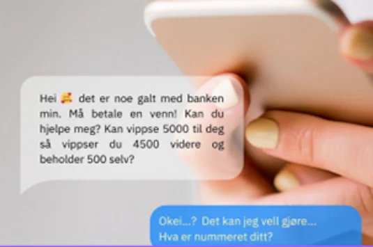 Dette er et eksempel på hvordan en man kan bli rekruttert som pengemuldyr gjennom SMS.