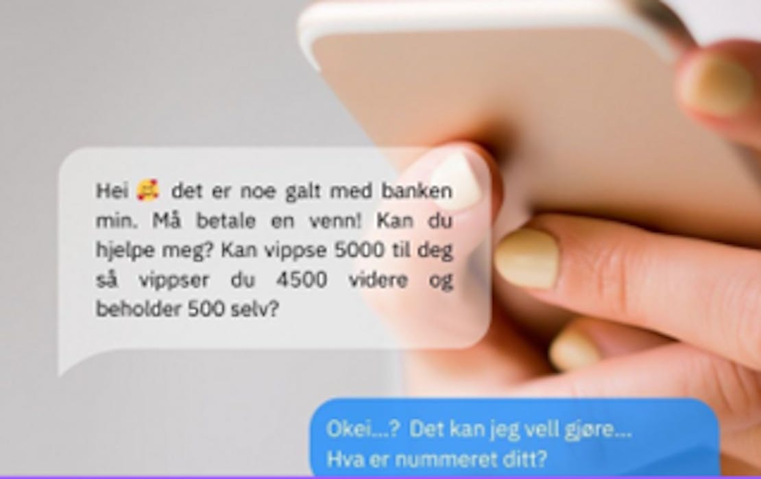 Dette er et eksempel på hvordan en man kan bli rekruttert som pengemuldyr gjennom SMS.