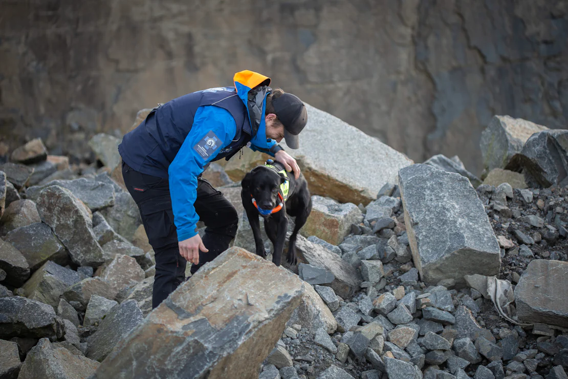 Hundefører og hund under trening i søk