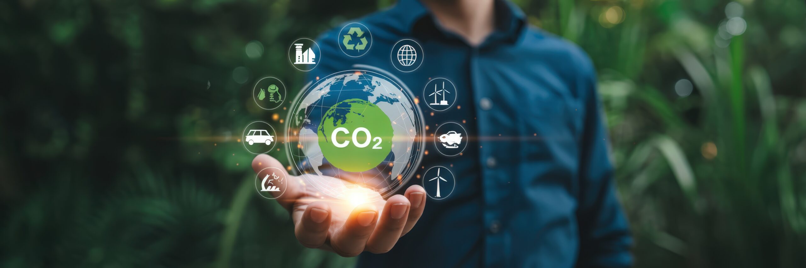 Person is holding a holographic display of the Earth with various environmental icons and the text CO2. The imagery is focused on sustainability and environmental issues.