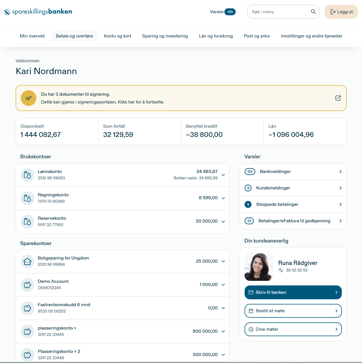 Slik vil forsiden i nettbanken se ut. Du finner de samme funksjonene i menyvalgene, men utseende får et mer moderne preg. 